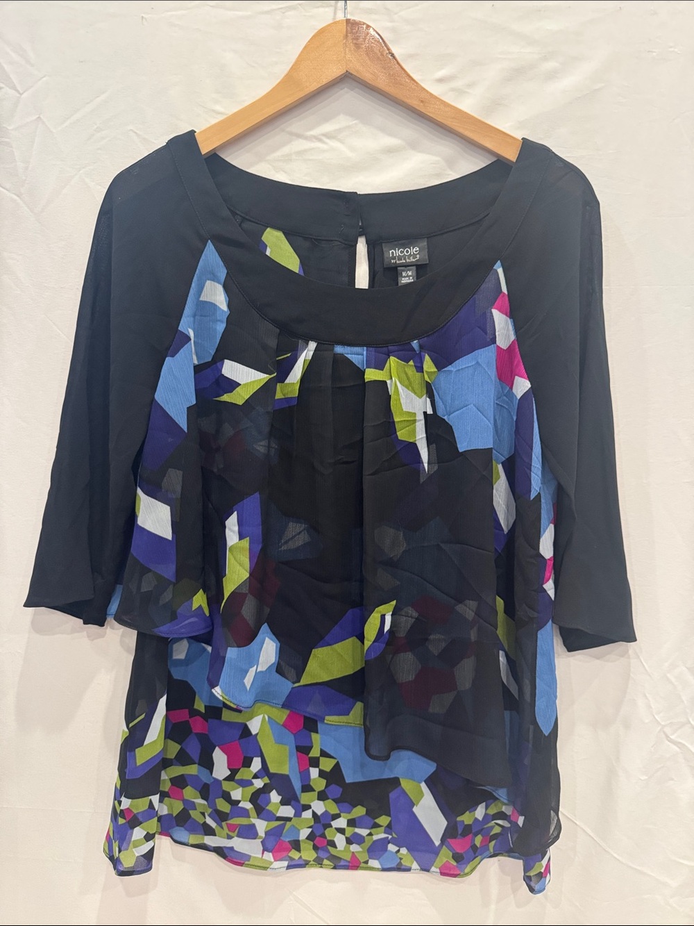 Nicole Miller Black Tunic with Abstract Blue, Green & Pink Geometric Print